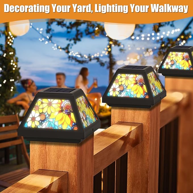 Solar Post Cap Lights - 4x4, 5x5, 6x6 Fence Post Solar Lights, Sunflower Lampshade, 15LM Bright LED, IP65 Waterproof Outdoor Post Lights for Garden, Yard, Deck, Warm White (Sunflower, 4)