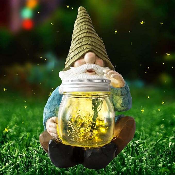 Solar Firefly Jar Gnome Waterproof - Large Garden Gnome Funny Solar Outdoor LED Lights Resin Statues 10.6" Lantern Figurines Decorations Birthday Housewarming Gifts for Mom Women