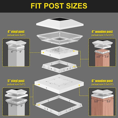 T-SUN Solar Post Cap Lights Outdoor 6 Pack, 2 Modes LED Fence Post Solar Lights Fit for 4x4 5x5 6x6 Vinyl/Wooden Posts, Waterproof Deck Post Lights Solar Powered for Garden Patio Gate Porch