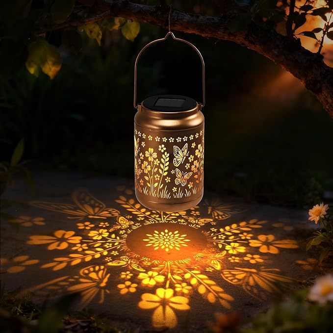 Lyeasw Garden Decor Butterfly Solar Lanterns Waterproof, Christmas Garden Gifts for Women Mom Grandma, Hanging Solar Lights for Outside, Metal Outdoor Decorations for Patio, Yard, Pathway(Bronze)