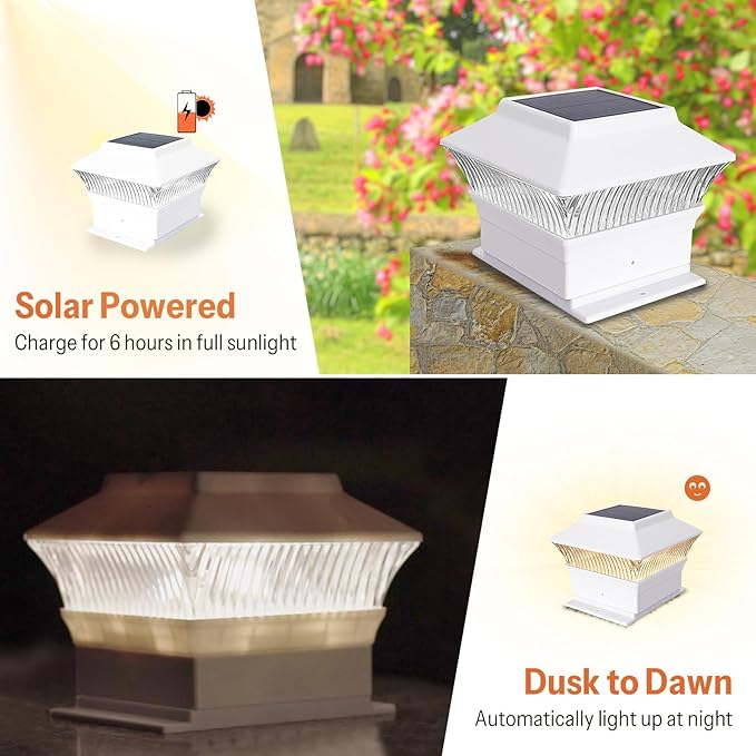 8 Pack Solar Post Cap Lights - Classic #1: for Flat Surfaces & 4x4 Vinyl, Also Fits 4x6 Wood (Sits-On-Top), 25 Lumen 3000K Warm White, Outdoor Deck Fence Light, Waterproof, Elegant White