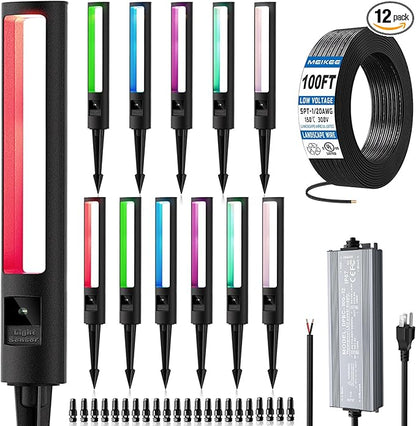 MEIKEE 5W RGB Low Voltage Path Lights 12-24V Color Changing Landscape Lights Auto On/Off Waterproof Outdoor Landscape Lighting with 100W Driver 100FT Cord for Garden Yard Pathway(12 Pack)