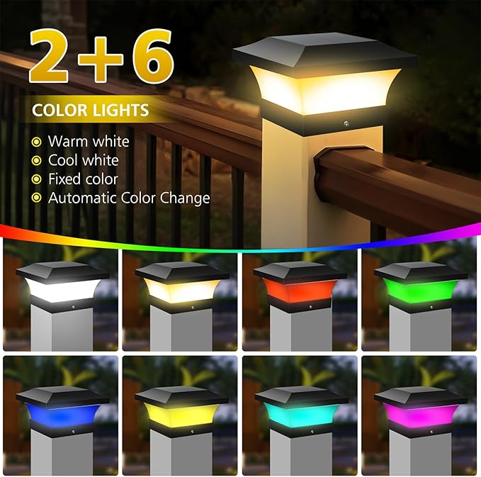 T-SUN 4X4 Post Solar Lights, Outdoor Waterproof RGB Color Changing Light for 4X4 5X5 6X6 Wood/Vinyl/Fence Posts, Deck, Solar Post Lights for Patio Garden Decor or Fence(6 Pack)