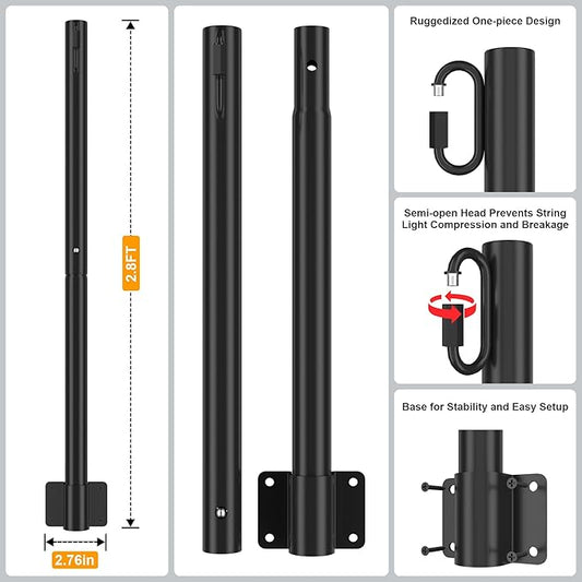 Suchtale 4 Pack 2.8 FT Outdoor String Light Poles, Suspension Fence Post Extender with Clip and Bracket, Deck String Lights Hangers, Wall Mounting Stand for Patio Garden Christmas Wedding Party,Black