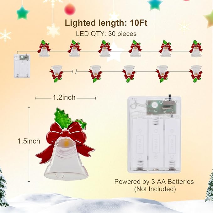 Christmas Patio String Lights, 10ft 30 LED Waterproof