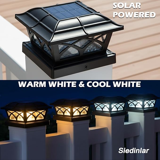 SIEDiNLAR Solar Post Cap Lights Outdoor Glass 2 Color Modes 8 LEDs for 4x4 5x5 6x6 Posts Deck Fence Patio Decoration Warm White & Cool White Lighting Black (1 Pack)