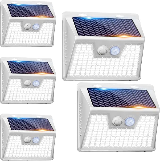 Peasur 5 Pack Solar Lights for Outside, Motion Sensor Outdoor Lights, 140LED Solar Security Lights 3 Working Modes, Solar Lights Outdoor Waterproof for Outside Garden Yard Fence (White Frame)