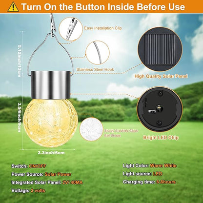 12Pack Hanging Outdoor Solar Lights - Decorative Cracked Glass LED Ball Lights Waterproof Tree Solar Powered Globe Lights with Handle for Garden Yard Patio Fence Christmas Decoration, Warm White