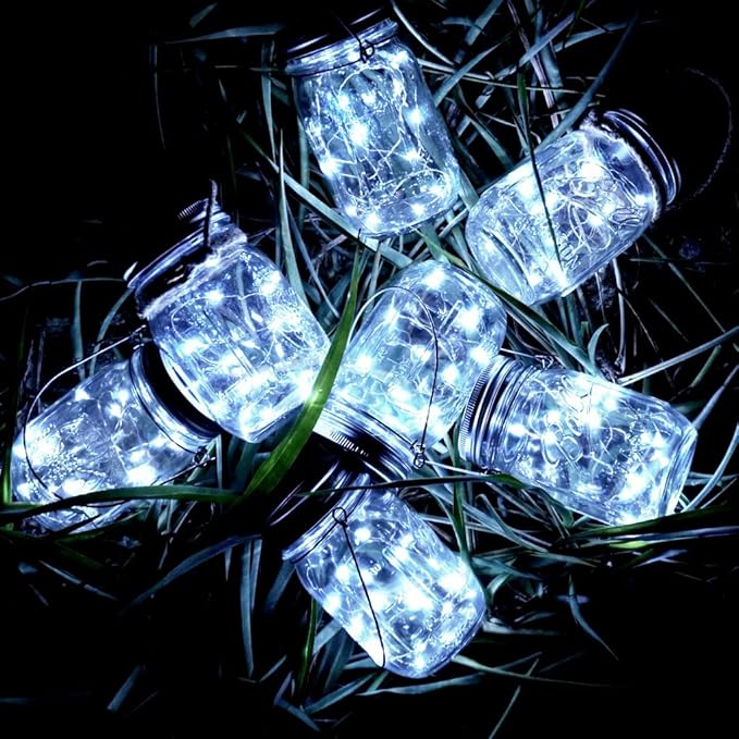 SmilingTown Solar Mason Jar Lights 10 Pack 20 LED Waterproof Outdoor Fairy Firefly String Light Lids with 10 Hangers Rust Resist for Patio Lawn Garden Wedding Lantern Decor No Jars (Cool White)
