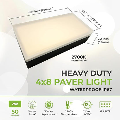 LUMENGY Paver Light 4x8 Inch (3.93x7.87), 2700K Warm White, Glare-Free Brick Lighting for Driveways, Walkways, Pool Decks and Patios, 12V Hardwired, IP67 Waterproof, Drive-Over Rated