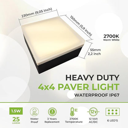 LUMENGY Paver Light 4x4 Inch (3.93x3.93), 2700K Warm White, Glare-Free Brick Lighting for Driveways, Walkways, Pool Decks and Patios, 12V Hardwired, IP67 Waterproof, Drive-Over Rated