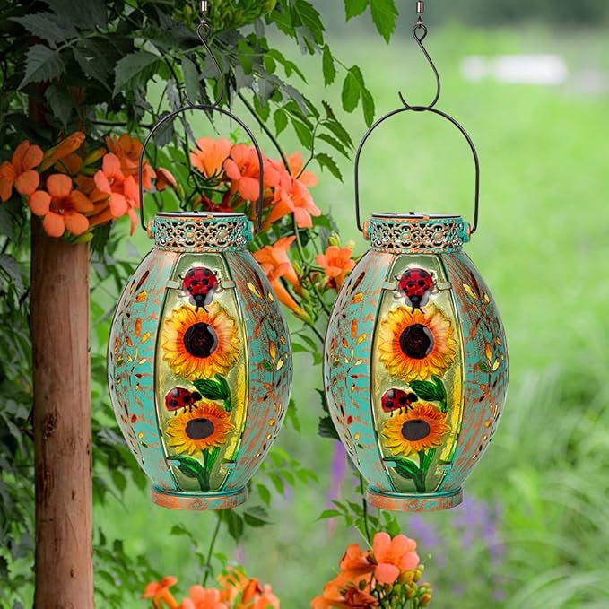 STARSOUL 2 Pack Solar Lantern Outdoor Waterproof, Hanging Solar Lantern for Patio Garden Yard Decor, Sunflower Garden Decor, Sunflower Gift for Women