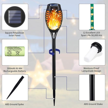KYEKIO Solar Torch Light with Flickering Flame, 12Pack Solar Lights Outdoor, Solar Garden Lights Outdoor Waterproof, Luces Solares para Exteriores, Outside Lighting for Pathway Yard Patio Decorations
