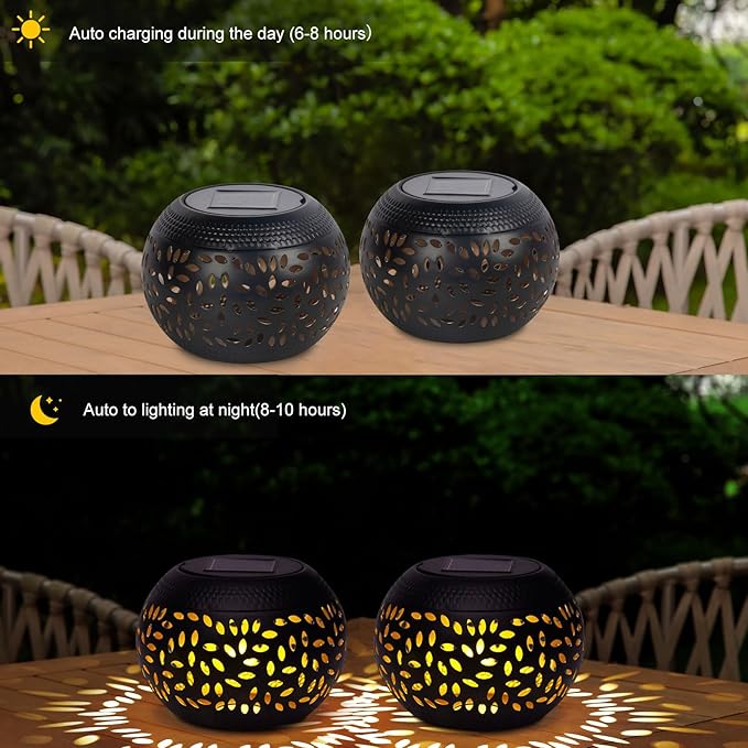 Solar Lanterns Outdoor Table Lights,2 Pack Outdoor Waterproof Decor, Hollow Out Retro Black Metal Solar Patio Lamps,Yard Porch Garden Balcony Indoor Desk Bedroom Tabletop Decorations