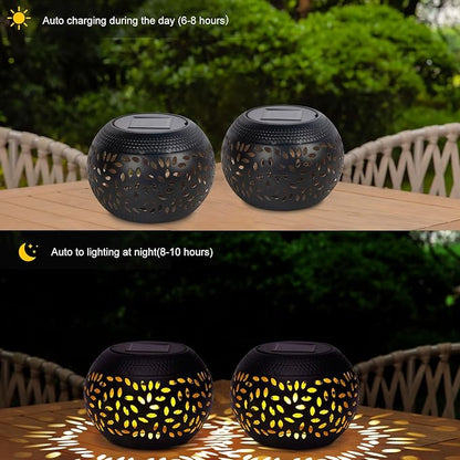 Solar Lanterns Outdoor Table Lights,2 Pack Outdoor Waterproof Decor, Hollow Out Retro Black Metal Solar Patio Lamps,Yard Porch Garden Balcony Indoor Desk Bedroom Tabletop Decorations