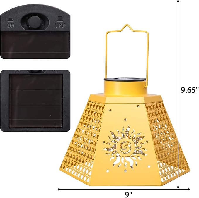 Outdoor Solar Lanterns Waterproof Hanging Solar Metal Lantern 9.5" Sun LED Lantern Yard Art Decor for Yard, Patio, Hallway, Birthday Mothers' Day Gifts (2Pack, Yellow)