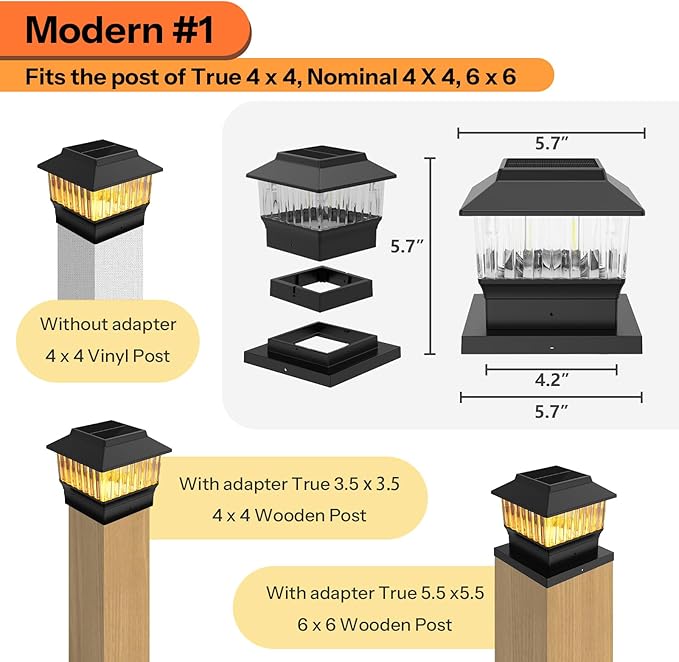Single Solar Post Cap Light - Modern #1: Fits True 4x4 Vinyl, 4x4 & 6x6 Wood Posts, 3 Color Temp, 50 Lumen Waterproof Outdoor Lights for Deck Fence, Matte Black