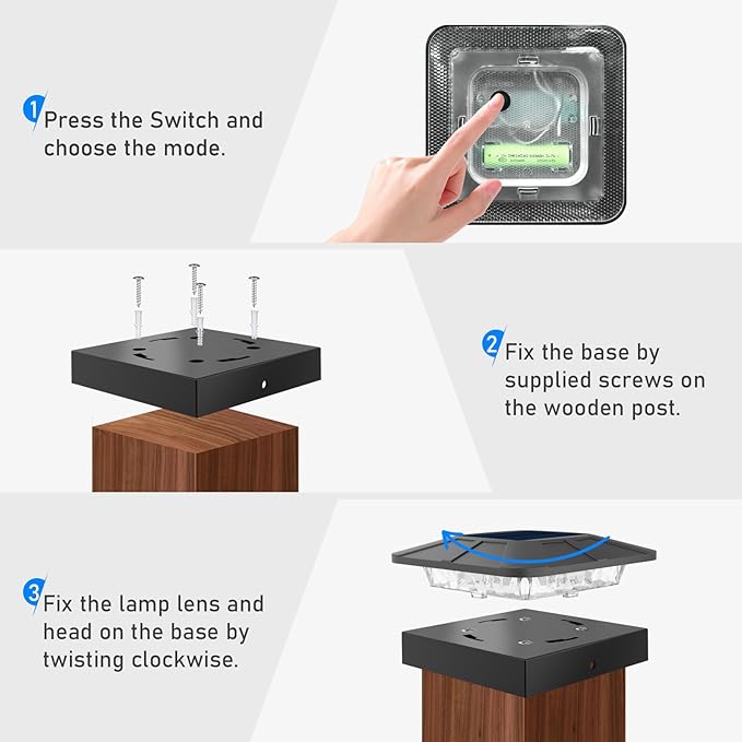 Peasur 4x4in Solar Post Cap Lights Outdoor with 3 Modes, 8 Packs Fence Light Solar Powered Waterproof for Wood/Vinyl Posts for Deck Yard Garden Patio Outside