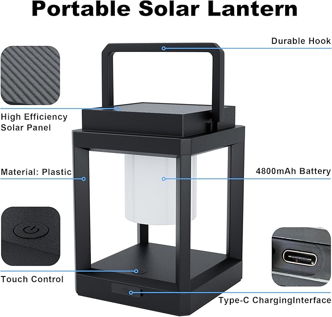 Solar Lantern Outdoor, Rechargeable Waterproof LED Lantern, Tabletop and Hanging Solar Lanterns Outdoor with Touch Control for Patio Camping