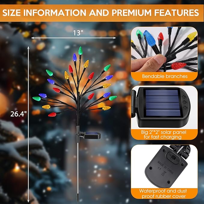 Solar Christmas Lights Outdoor Waterproof, Solar Powered Xmas Stake Lights Decorations with 20 Colored Strawberries and 2 Modes for Outside, Pathway, Yard, Walkway, Lawn, Grave, Holiday Decor(2 Pack)