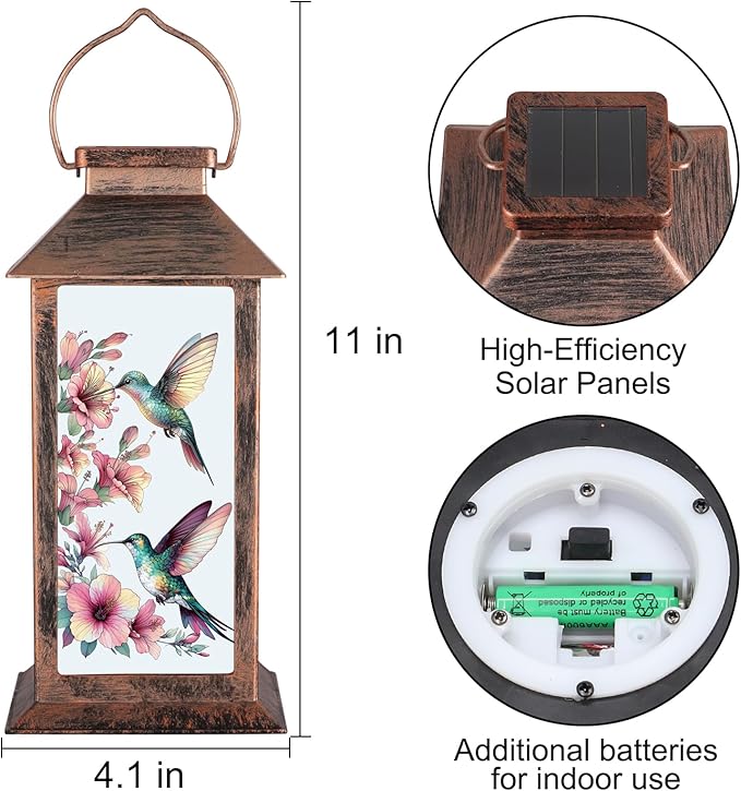 Outdoor Hanging Solar Lantern Waterproof Outside Hummingbird Pattern Landscape Lights for Porch Garden Yard Patio Pathway Decor Birthday Gifts for Women Mom Grandma