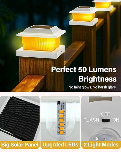 Solar Post Cap Lights Outdoor for 3.5x3.5 4x4 5x5 Wood/Vinyl Posts, 8 Pack Fence Post Solar Lights with Flickering Flame & Warm Modes for Deck/Garden/Patio, IP65 Waterproof - White