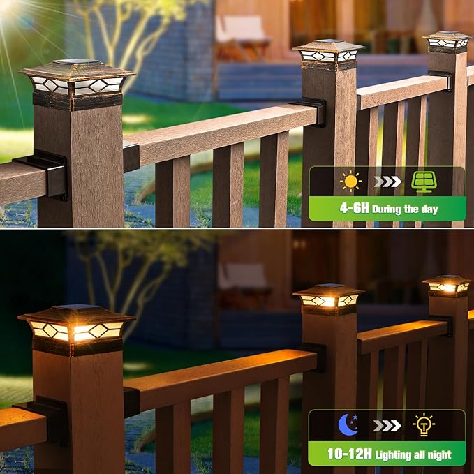 Solar Post Cap Lights Outdoor 8pack, Waterproof Solar Powered Deck Fence Post Lights for 4x4 Wood/Vinyl Posts, Solar Outdoor LED Light with Cool/Warm Lighting (Brushed Copper, 8pack)