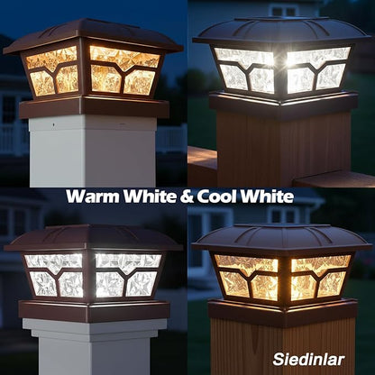SIEDiNLAR Solar Post Cap Lights Outdoor 2 Color Modes 8 LEDs for 4x4 5x5 6x6 Posts Fence Deck Patio Decoration Warm White & Cool White Lighting Brown (6 Pack)