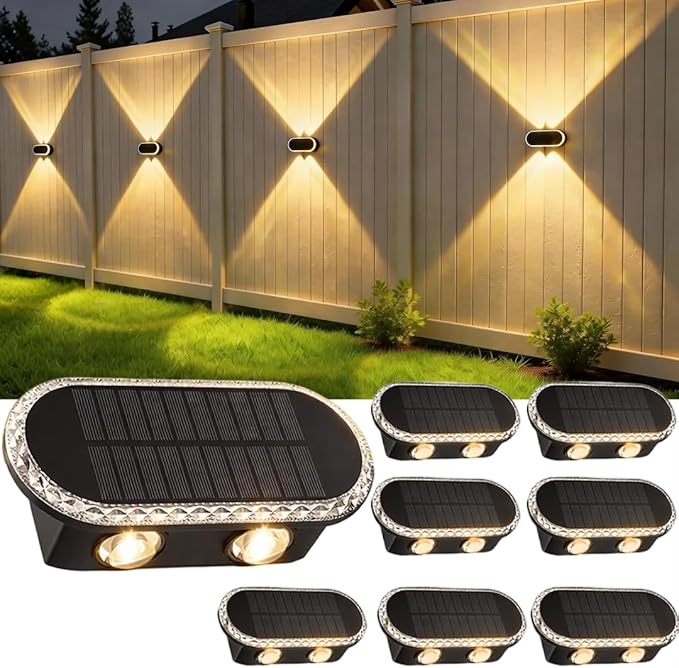 Solar Fence Lights Outdoor: IP65 Waterproof Wall Lighting with Dual Focused LED Up Down - 3000K/4000K/6000K 10-12H Lasting - Easy to Install for Backyard Patio Porch 8 Pack