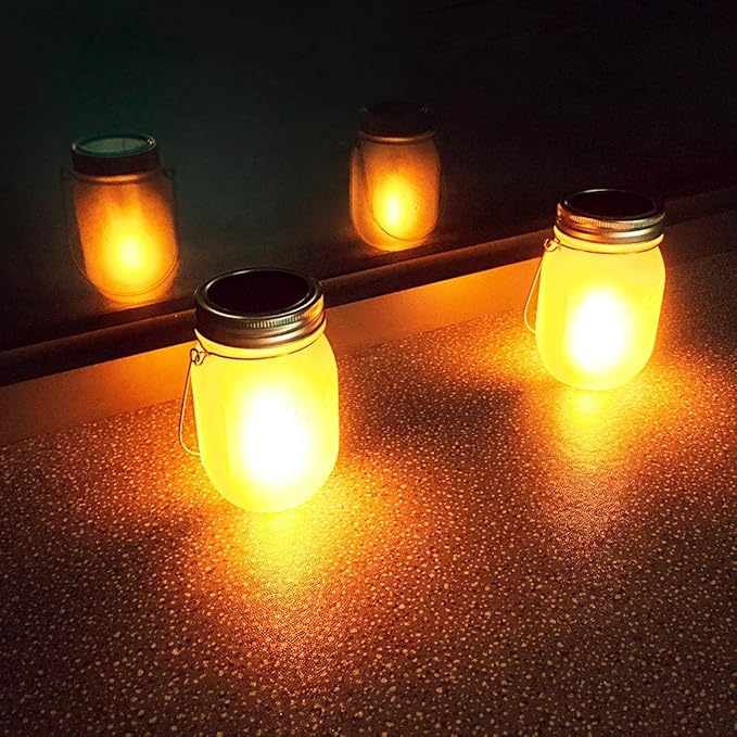 Mason Jar Solar Lights Lanterns, 6-Pack Amber Flame Flicker Lights with Glass Mason Jar,Best for Wedding Garden Patio Outdoor Solar Powered Hanging Lanterns(Jars & Hangers Included)