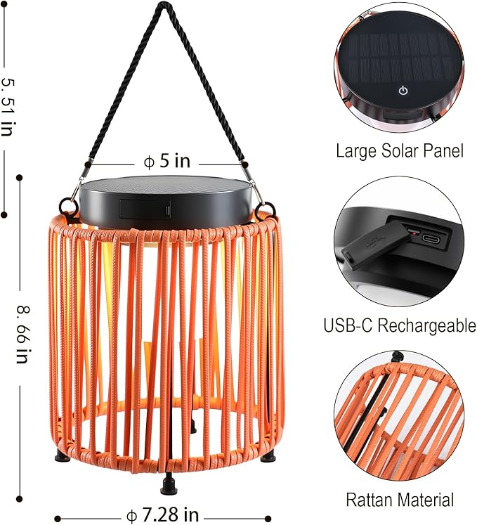 Solar Lanterns Outdoor Waterproof IP54, Handwoven Wicker Outdoor Table Lamps Portable Rechargeable with 30H+ Runtime, Dual USB-C/Solar Charging, 3 Brightness Levels, Orange