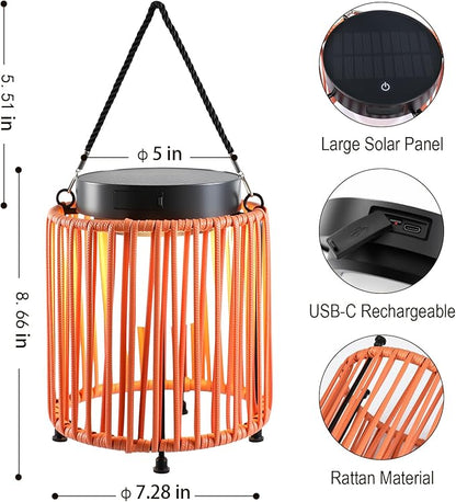 Solar Lanterns Outdoor Waterproof IP54, Handwoven Wicker Outdoor Table Lamps Portable Rechargeable with 30H+ Runtime, Dual USB-C/Solar Charging, 3 Brightness Levels, Orange