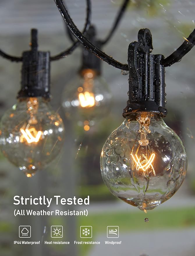 Outdoor String Light 55Feet G40 Globe Patio Lights with 52 Edison Glass Bulbs(2 Spare), Waterproof Connectable Hanging Christmas Lights for Backyard Porch Balcony Party Xmas Decor, E12 Socket, Black