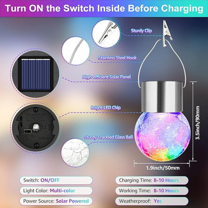 MAXvolador 12-Pack Hanging Solar Lights, Decorative Cracked Glass Ball Light, Multicolor Solar Powered Waterproof Globe Lighting for Garden, Tree