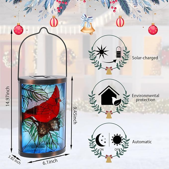 MUMTOP Hanging Solar Lanterns Outdoor Waterproof, Christmas Lantern Cardinal Solar Lights Outdoor Decorative Solar Lanterns Tabletop Lamp for Patio Garden Yard Christmas Decor