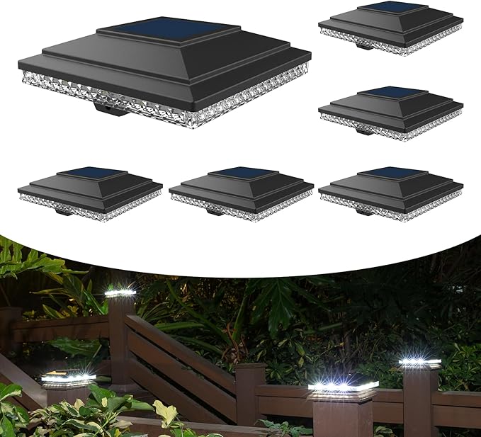 HUYIENO Solar Post Cap Lights,Outdoor Deck Fence Post Lights,Powerful Lithium Battery 20Lumens Two Light Modes Warm White/Bright White Suitable for 4x4 5x5 Wooden Posts,4x4 Viny Posts (Black, 6pk)