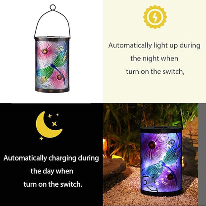 Afirst Solar Lantern Outdoor Hanging Glass Solar Dragonfly Lights Waterproof Led Lamp for Garden Yard Tree Desk Decor
