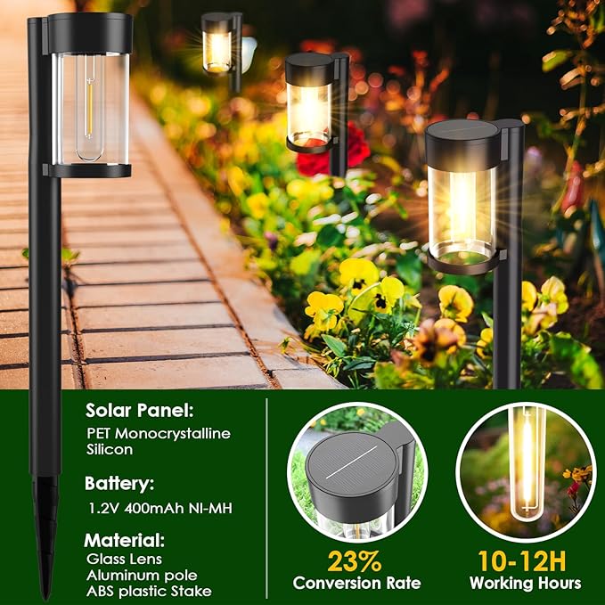 Mancra Solar Lights Outdoor, 10 Pack Glass Metal Solar Pathway Lights Outdoor Waterproof Garden Decor for Outside Yard Patio Lawn Walkway Driveway