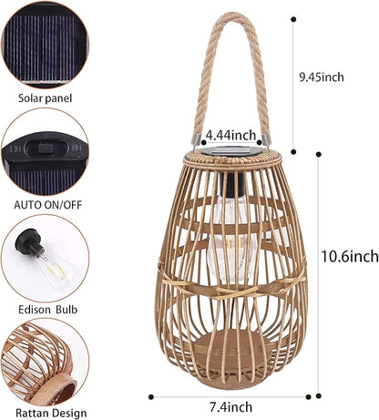 Natural Rattan Solar Lantern with Handle - Large Waterproof LED Decorative Garden Lights, Bright Rattan Solar Table Lamp for Yard, Patio, Wedding, Home Decoration
