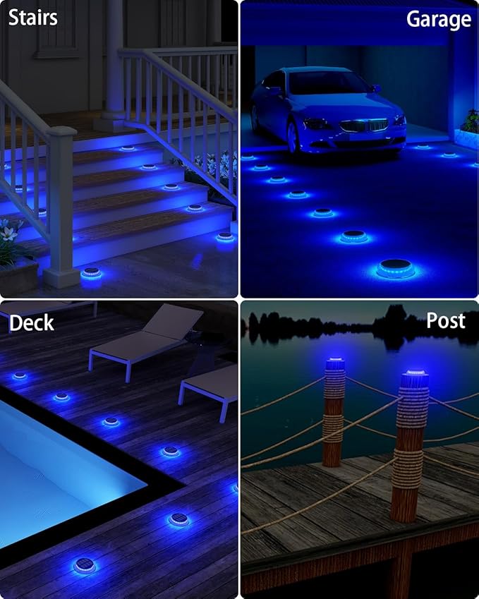 6 Packs Solar Driveway Lights, Blue Dock Deck Lights Solar Powered Outdoor IP68 Waterproof, Stick on Light for Step, Stair, Driveway, Pool, Pathway, Walkway, Patio