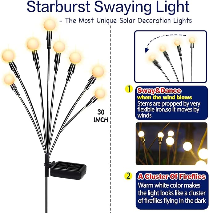 TONULAX Solar Garden Lights - Upgraded Solar Swaying Light, Sway by Wind, Outdoor Lights, Yard Patio Pathway Decoration, High Flexibility Iron Wire & Heavy Bulb Base, Warm White(10 Pack)