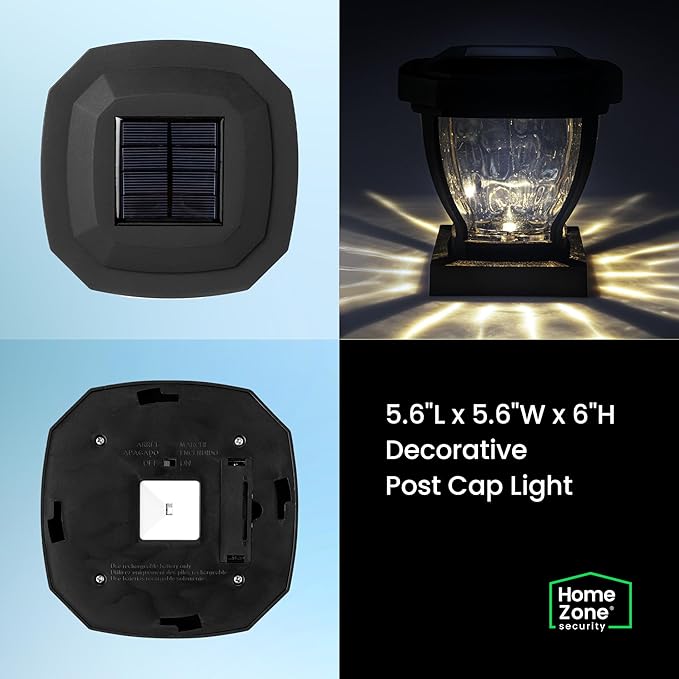 Home Zone Security Solar Post Cap Lights - Decorative Glass LED Outdoor Fits 3.5 x 3.5 in. Post Lights, Black (12-Pack)
