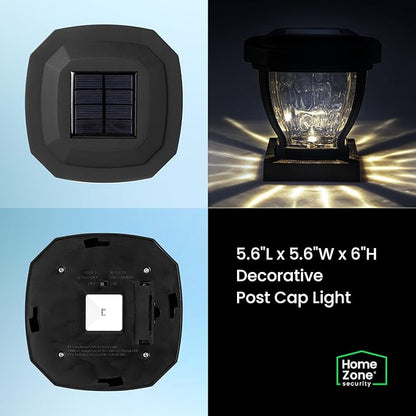 Home Zone Security Solar Post Cap Lights - Decorative Glass LED Outdoor Fits 3.5 x 3.5 in. Post Lights, Black (12-Pack)