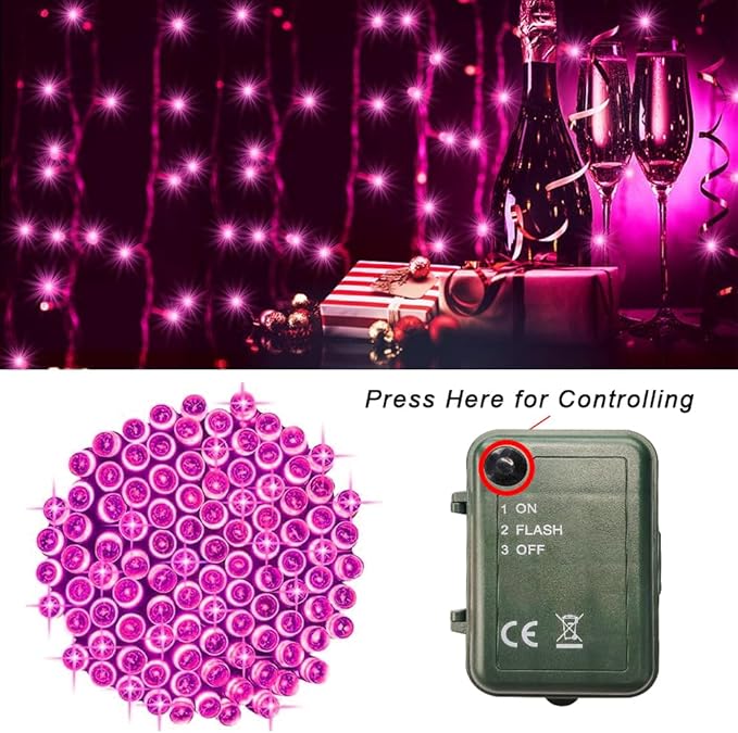 Pink String Lights Battery Powered, 2 Pack Total 66.6 FT 200 LED Valentines Day String Lights Indoor Outdoor Decoration, Twinkle Fairy Light for Party Backdrop Valentines Day Decorations