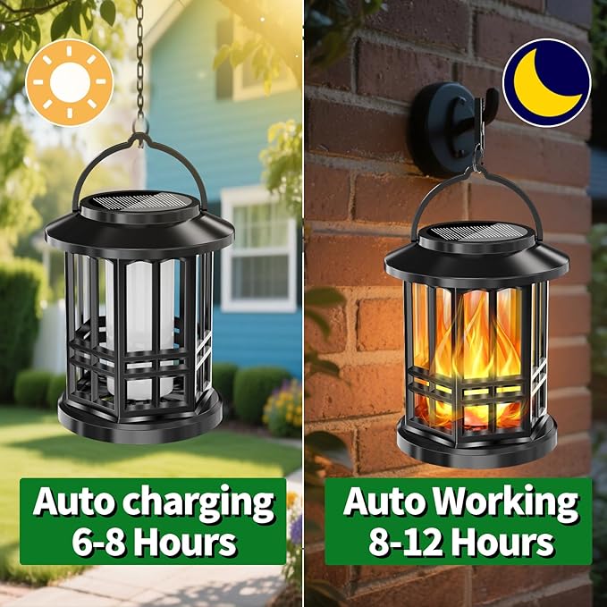 Solar Lanterns Outdoor Waterproof,Flickering Flame Landscape Lanterns ,Solar Powered Outdoor Hanging Lights Decor for Garden, Yard, Patio, Porch 2 Pack