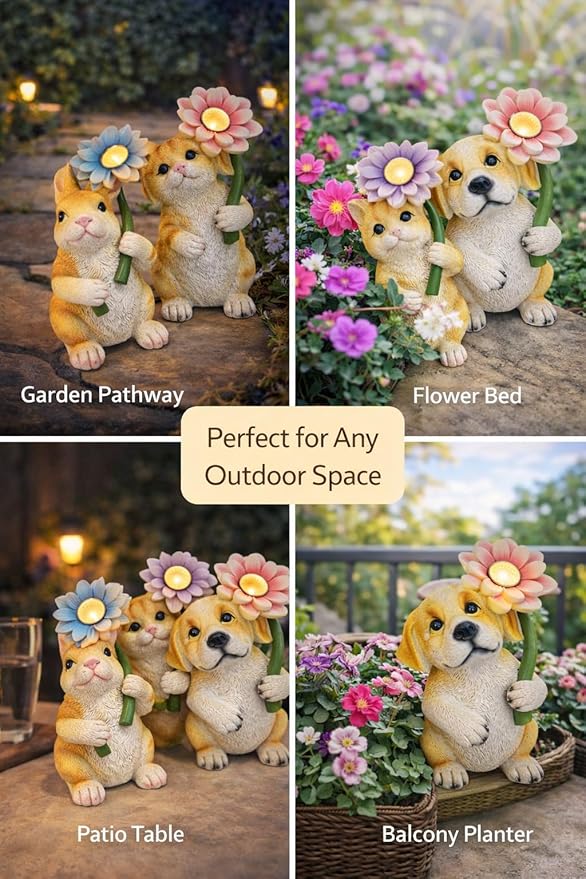 Set of 3 Solar Animal Garden Lights – Resin Bunny, Cat & Dog Figurines with Warm LED Flower, Solar Powered Outdoor Décor for Garden, Patio, Yard, Balcony (Puppy/Kitten/Rabbit)