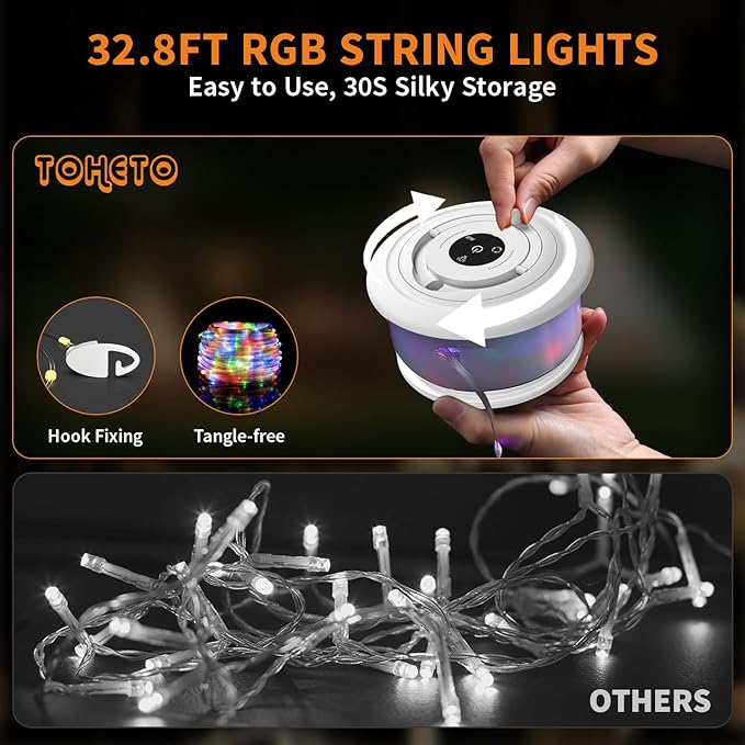 Camping String Lights, 3 in 1 Upgraded Retractable RGB Outdoor String Lights with 19 Lighting Modes, Quick 30s Recovery, 32.8 FT Portable Tent Lights, Rechargeable Camping Lantern (White)