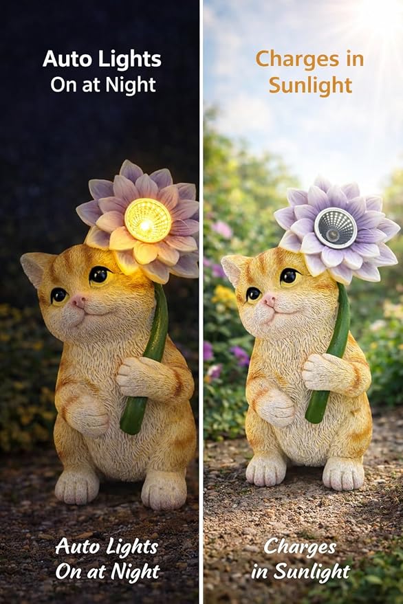 Solar Cat Garden Statue with LED Flower for Mom Woman – 6.5‘’ Hand-Painted Resin Outdoor Kitten Figurine, Automatic Night Light, Yard Patio Lawn Decor (Kitten)