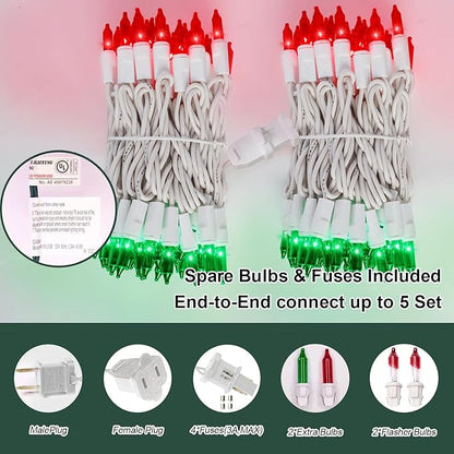 LAMPHOME 100 Count Red Green Christmas Lights, White Wire 20Ft Incandescent Holiday String Light Set for Indoor Outdoor Use Christmas Tree, Halloween, Valentine Wedding Lighting Decoration