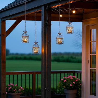Solar Lanterns Outdoor Waterproof, Rust Iron Cage Candle Holder with Flickering Solar Powered Tea Lights, Hanging Solar Lights for Outside Tree Backyard Patio Garden Fence Decoration-4Pack